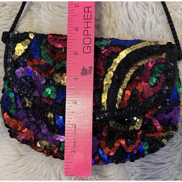Vintage Multicolor Sequin Clutch Purse 8” Evening Bag Black Cord Strap Preowned - Picture 7 of 8